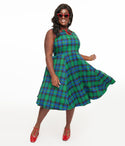 Plus Size Checkered Print Winter Swing-Skirt Pocketed Piping Button Closure Cutout Vintage Dress