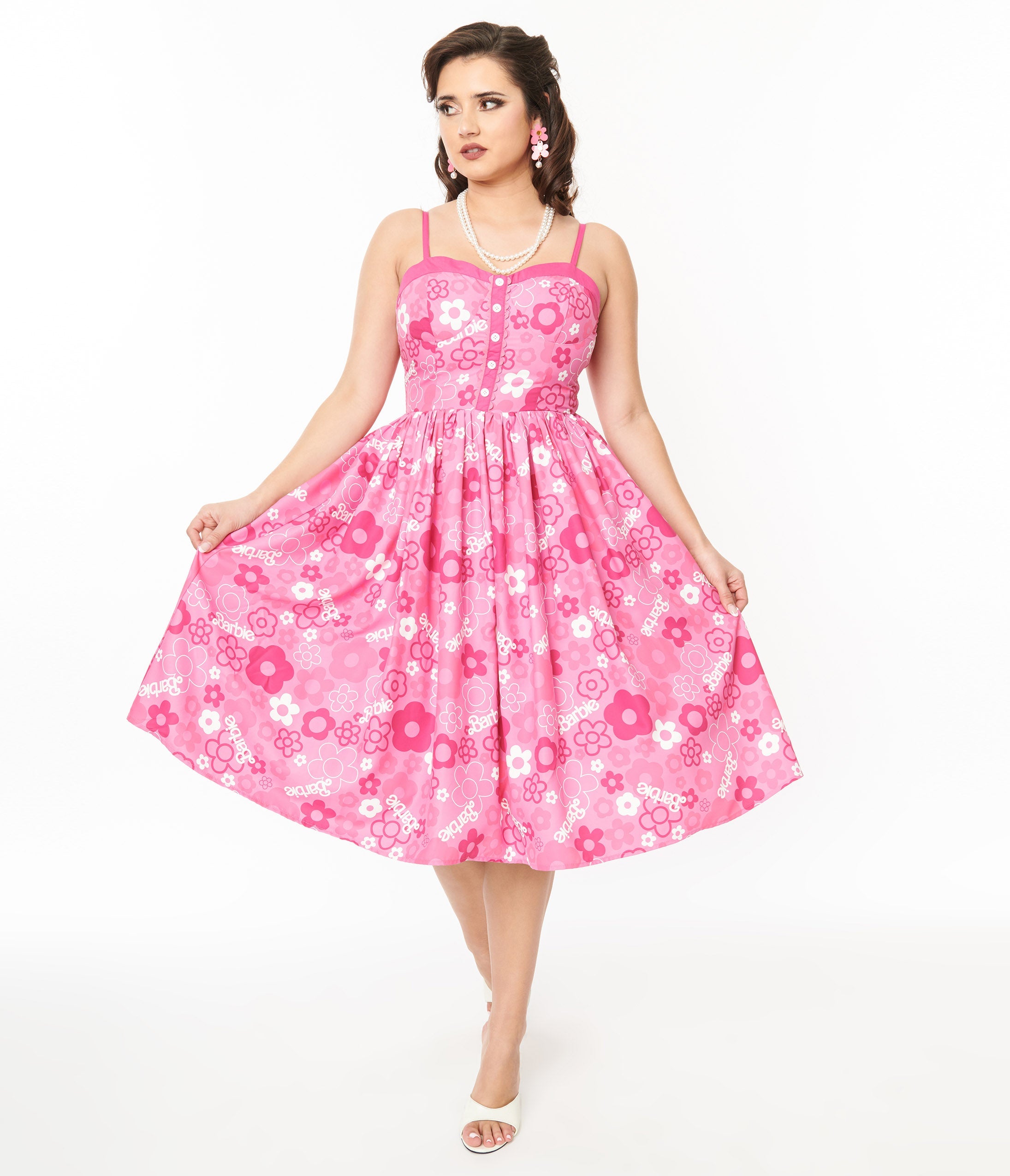 

Barbie X Unique Vintage Pink Barbie Print Swing Dress