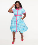 Plus Size Collared Elasticized Waistline General Print Button Front Belted Shirt Dress