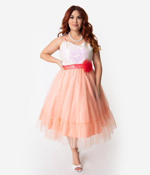 Plus Size Mesh Gathered Sequined Spaghetti Strap Sweetheart Dress With a Sash and Ruffles