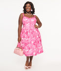 Plus Size Spaghetti Strap Floral Print Smocked Swing-Skirt Back Zipper Fitted Dress