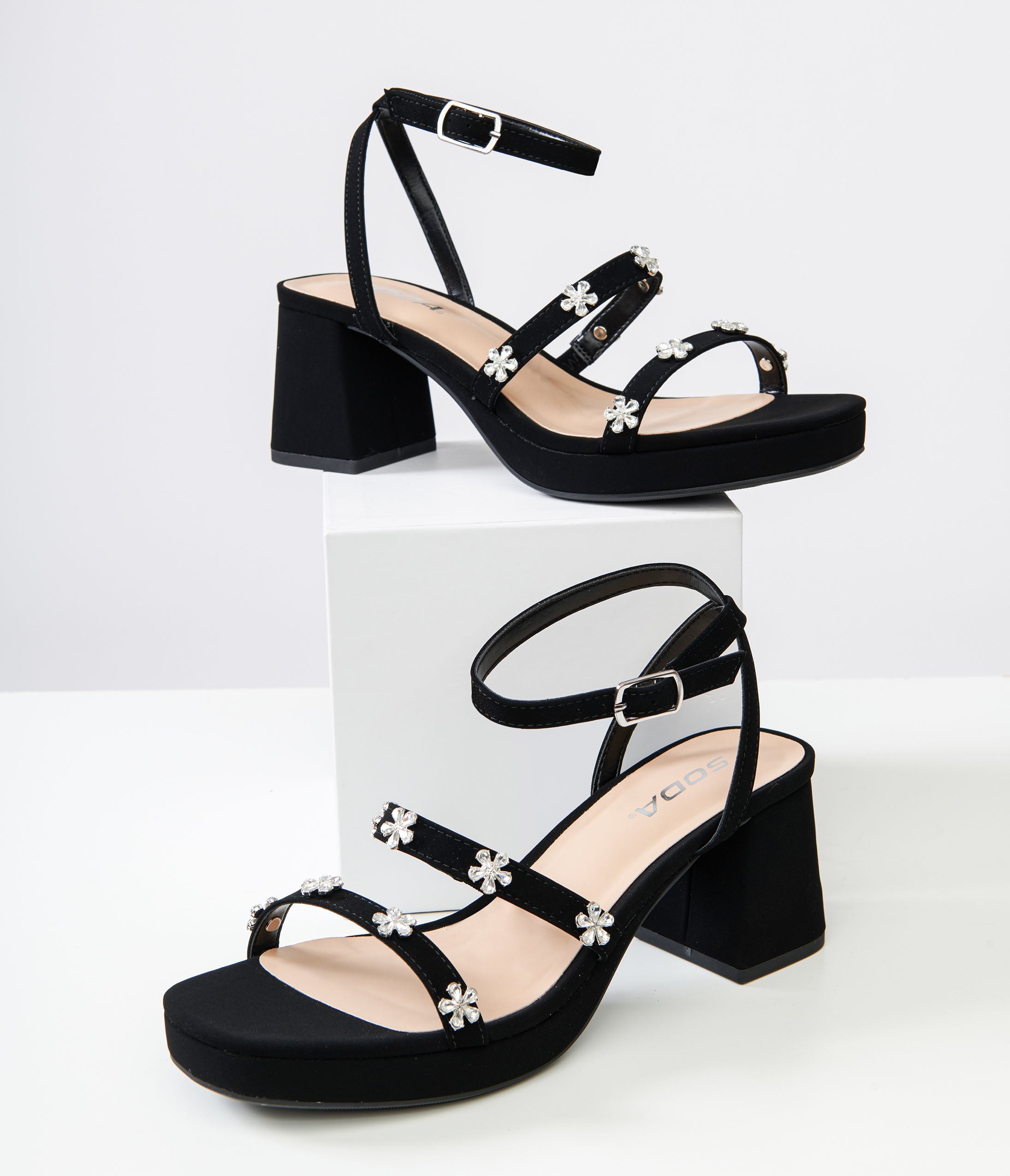 

Black Leatherette & Rhinestone Floral Platform Heels