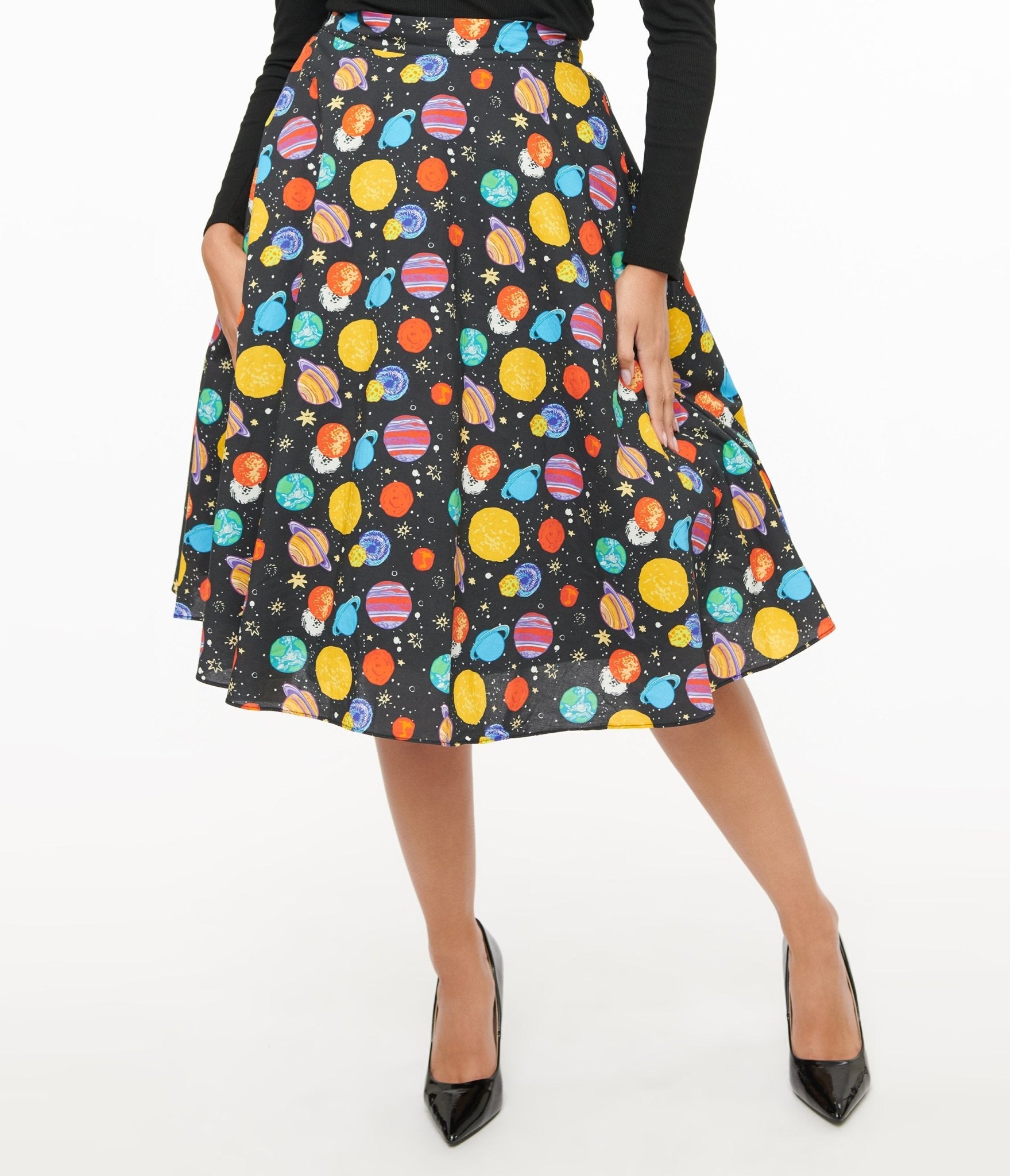 Black & Multicolor Planets Cotton Skirt(Small)