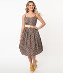 Pocketed Fitted Gathered Back Zipper Vintage Spaghetti Strap General Print Cotton Swing-Skirt Dress