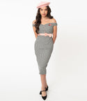 Checkered Gingham Print Pencil-Skirt Piping Embroidered Back Zipper Banding Darts Cotton Off the Shoulder Dress