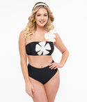 Black & One Shoulder Flower Two Piece Swim Set