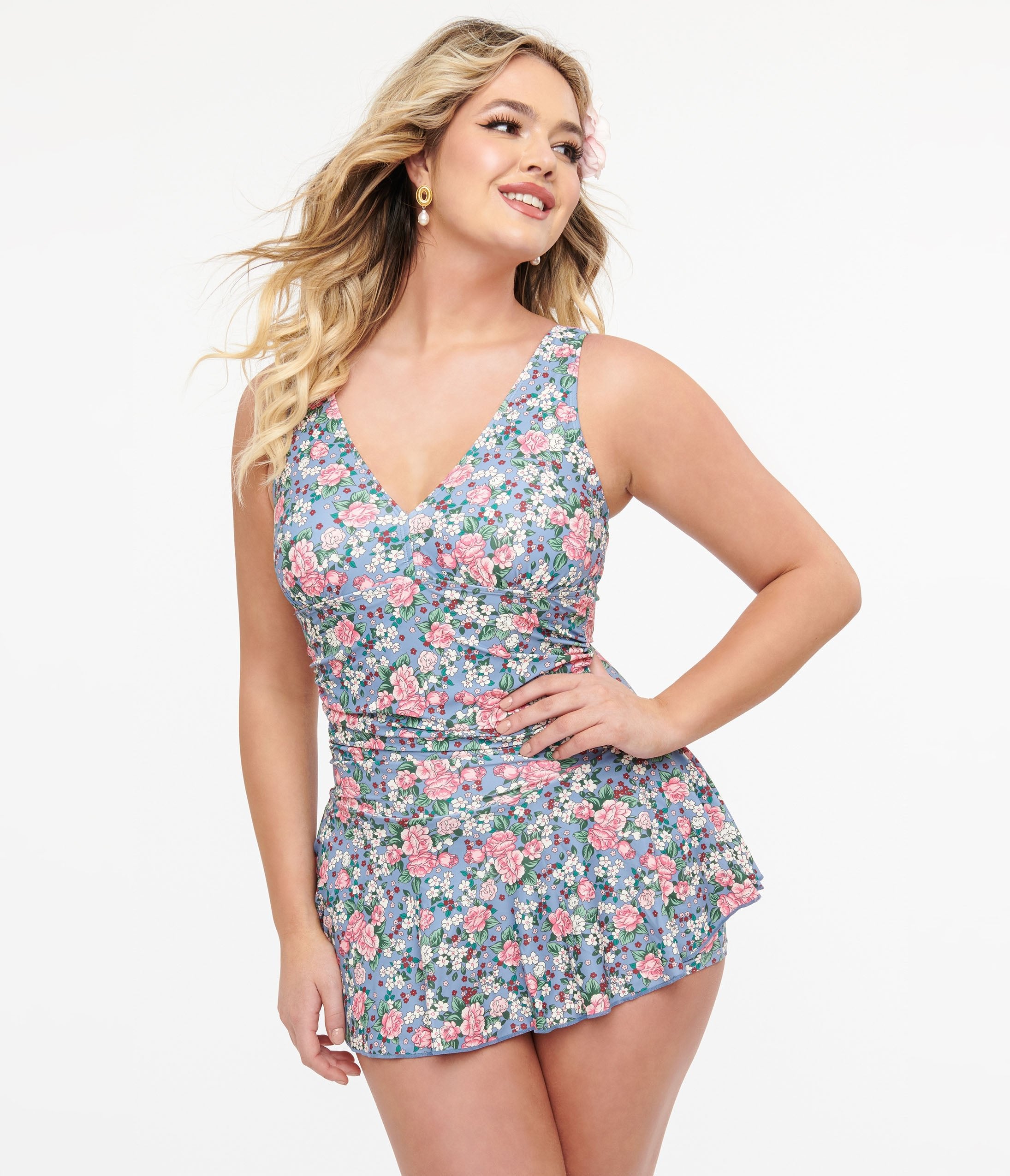 

Blue & Pink Rose Print Skirted Swimsuit