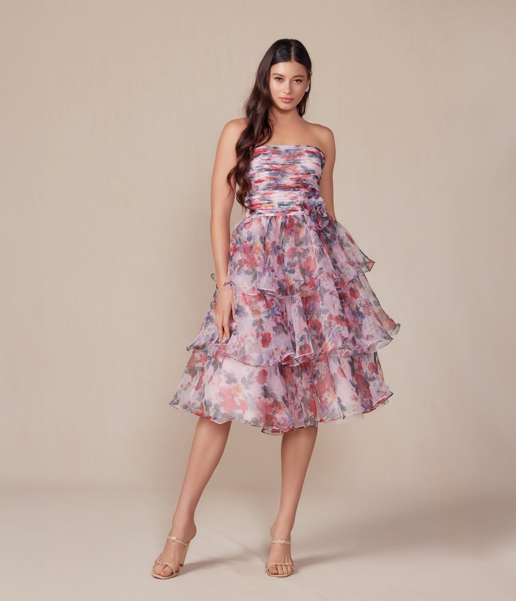 

Blush Floral Print Short A-Line Strapless Prom Dress