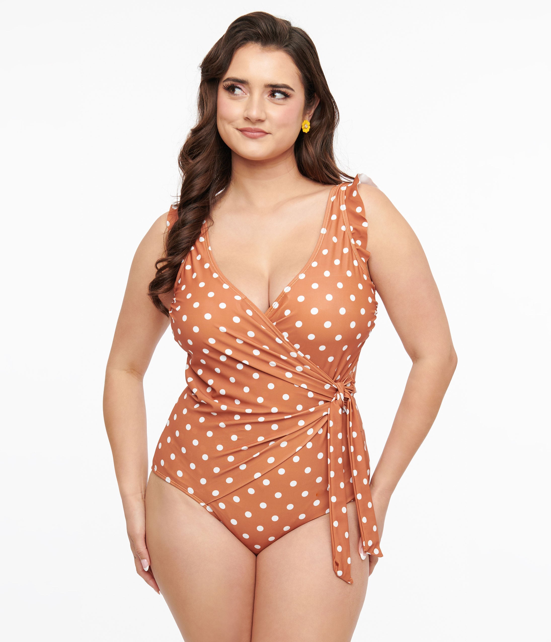 

Brown & White Polka Dot Wrap One Piece Swimsuit