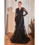 Modest A-line V-neck Long Sleeves Glittering Tiered Lace Floral Print Prom Dress