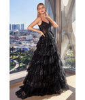 Sophisticated A-line V-neck Applique Tiered Sequined Sheer Lace Ball Gown Prom Dress With Ruffles
