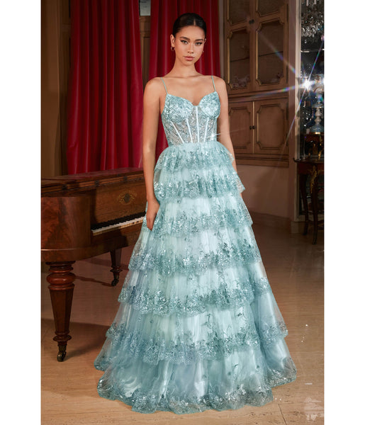 Sophisticated A-line V-neck Sheer Sequined Tiered Applique Lace Ball Gown Prom Dress With Ruffles
