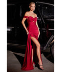 Sophisticated Off the Shoulder Satin Sweetheart Gathered Slit Fitted Keyhole Cutout Prom Dress With a Sash