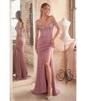 Sweetheart Corset Waistline Off the Shoulder Beaded Fitted Gathered Slit Lace-Up Crystal Prom Dress