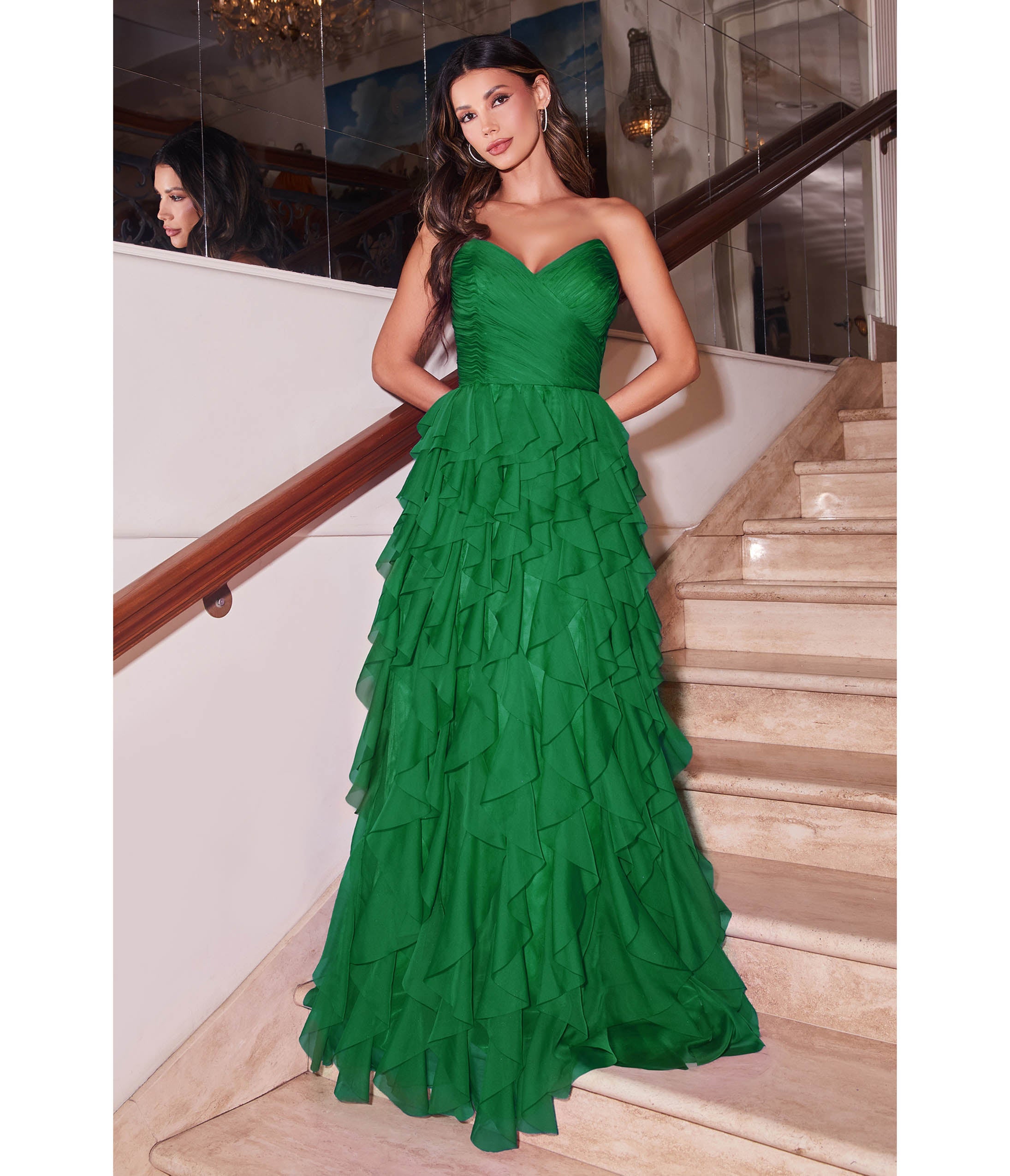 

Cinderella Divine Emerald Feather Floor Length Prom Gown