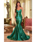 V-neck Halter Fitted Lace-Up Glittering Mermaid Satin Corset Waistline Prom Dress by Cinderella Divine Moto