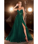 A-line Strapless Plunging Neck Corset Waistline Tulle Sheer Glittering Slit Beaded Ball Gown Prom Dress