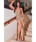 Strapless Lace Plunging Neck Applique Sheer Sequined Slit Prom Dress