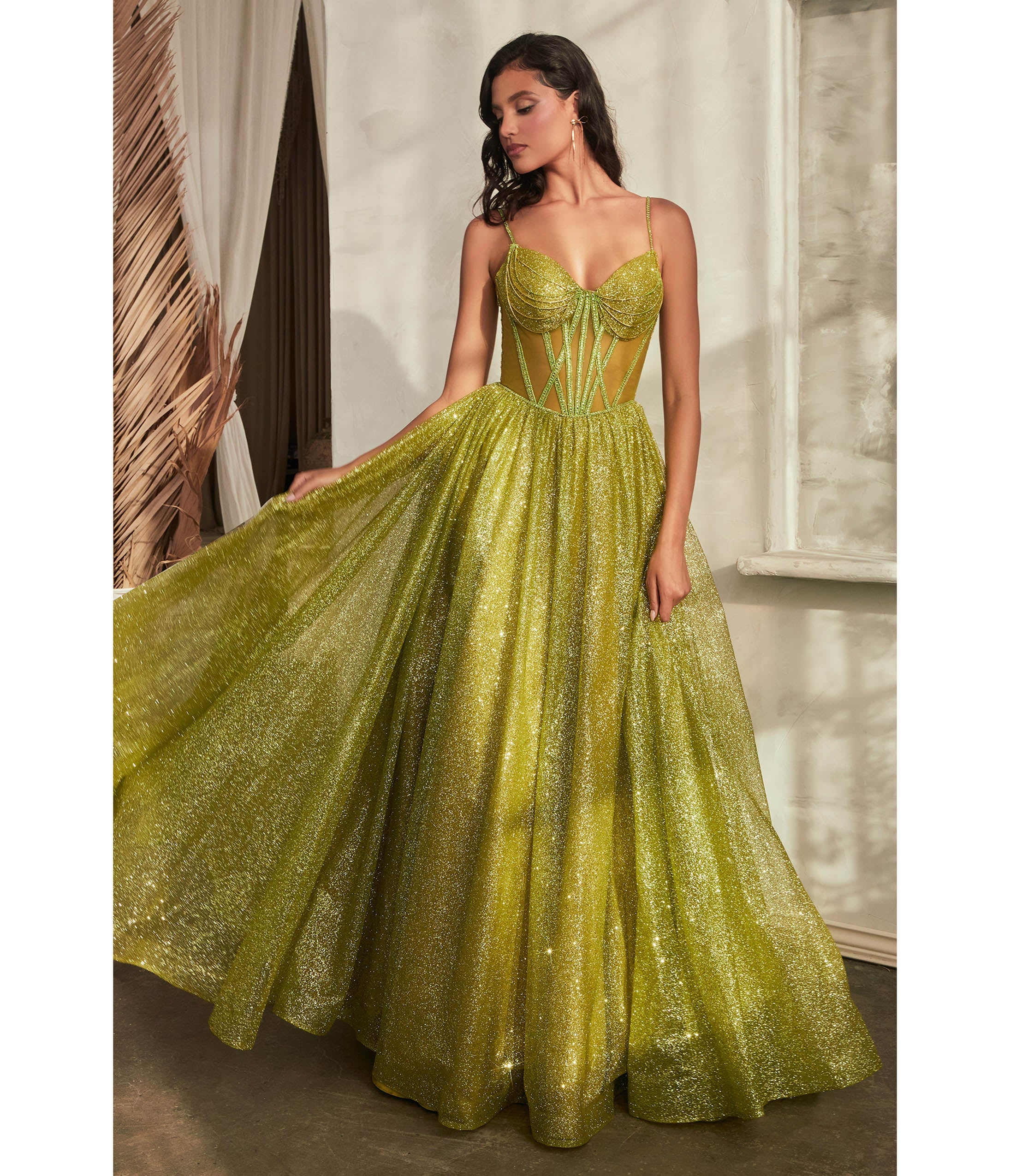 

Cinderella Divine Greenery Corset Glitter Prom Gown
