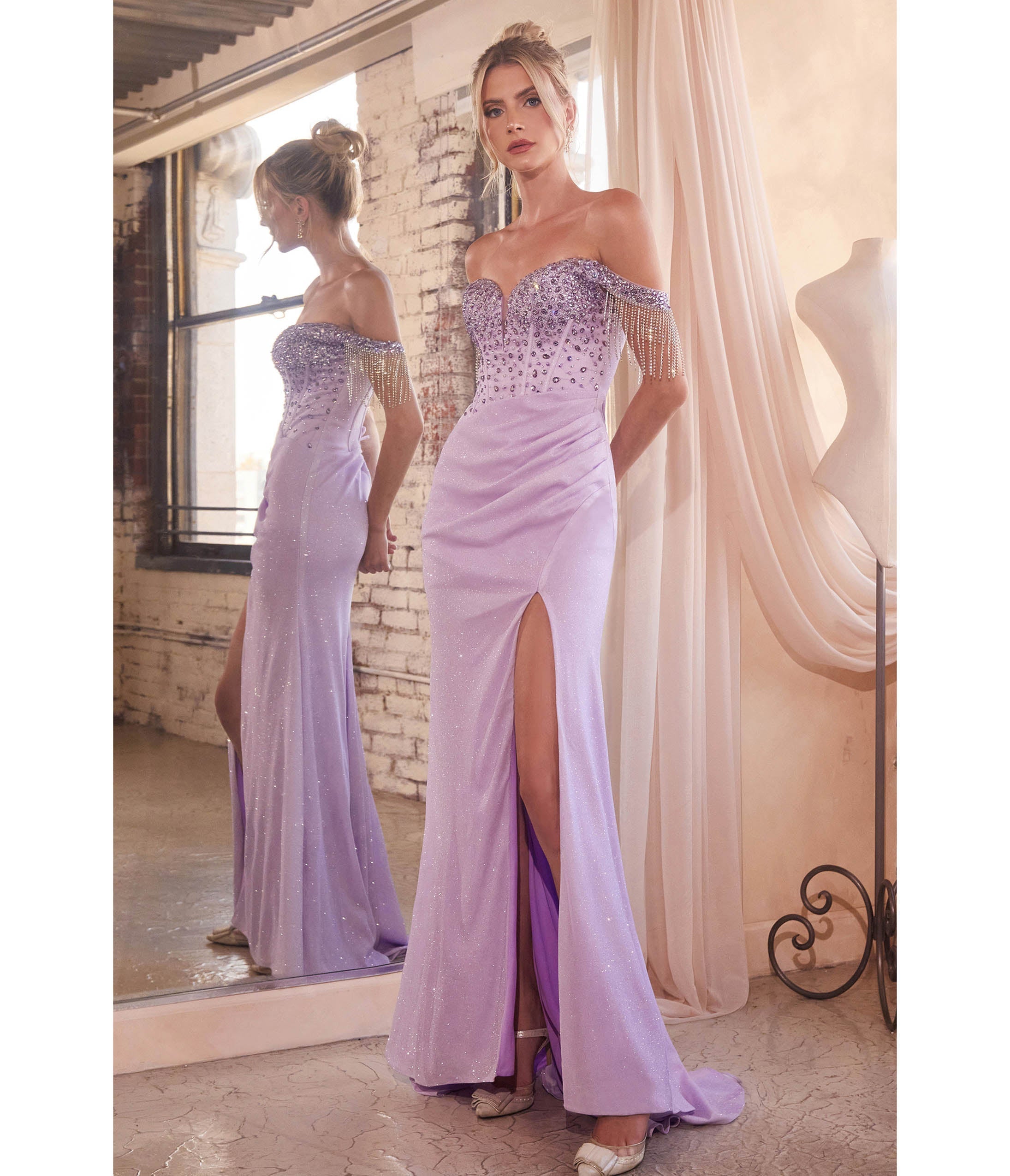 

Cinderella Divine Lavender Off Shoulder Crystal Fringe Prom Dress