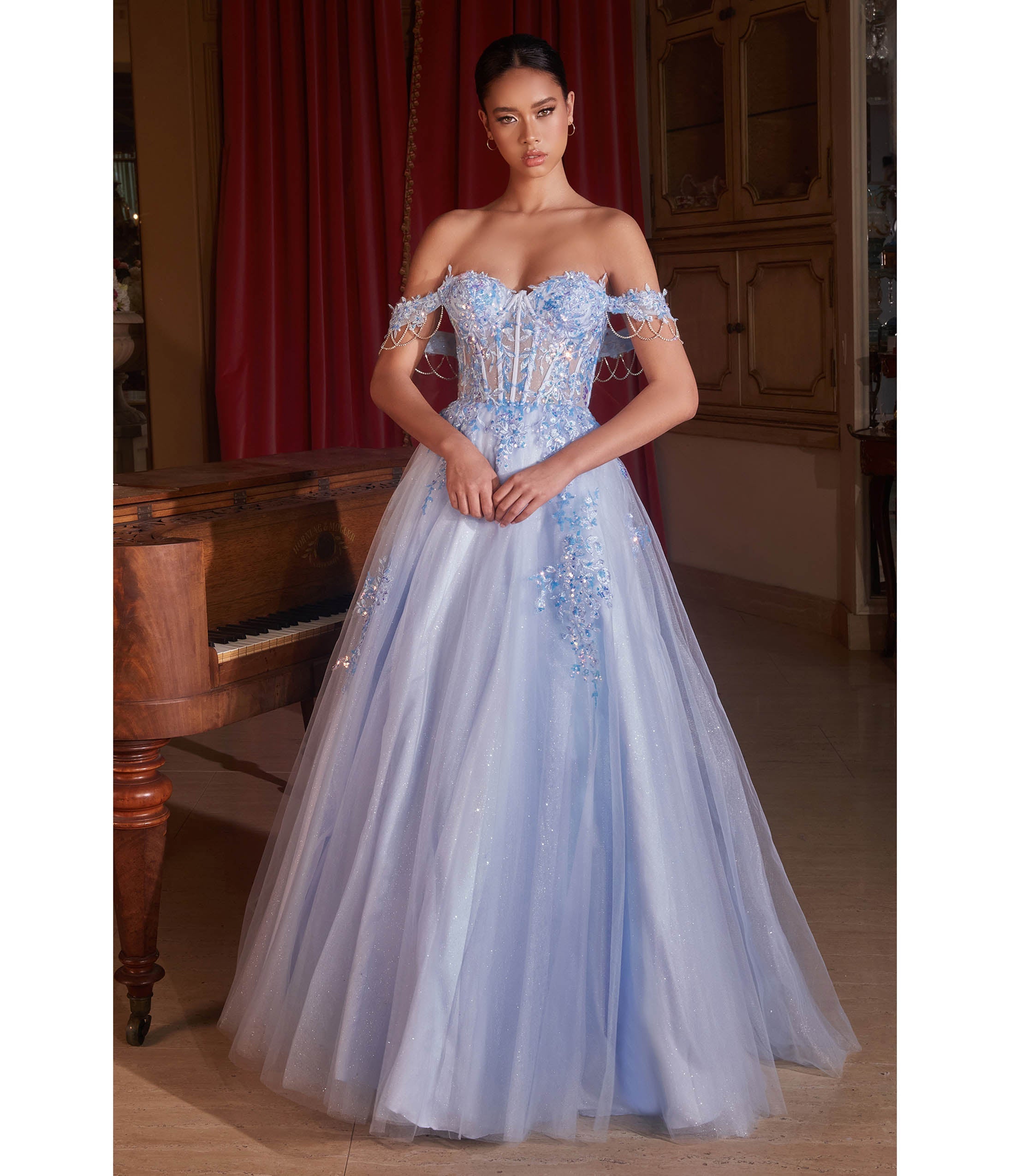 

Cinderella Divine Light Blue Off Shoulder Sparkle Flower Prom Gown