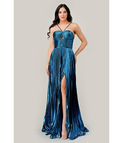 Tall Sophisticated A-line Metallic Halter Sweetheart Cutout Pleated Gathered Prom Dress
