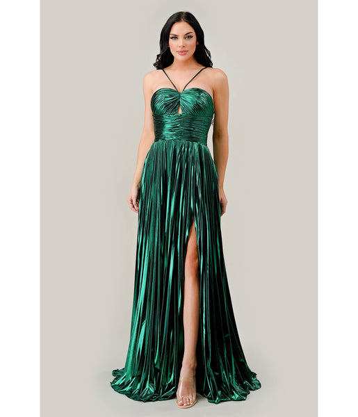 Tall Sophisticated A-line Metallic Pleated Gathered Cutout Halter Sweetheart Prom Dress