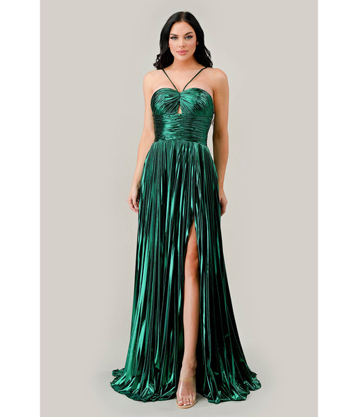 Tall Sophisticated A-line Gathered Cutout Pleated Metallic Halter Sweetheart Prom Dress