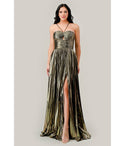 Tall Sophisticated A-line Halter Sweetheart Cutout Pleated Gathered Metallic Prom Dress