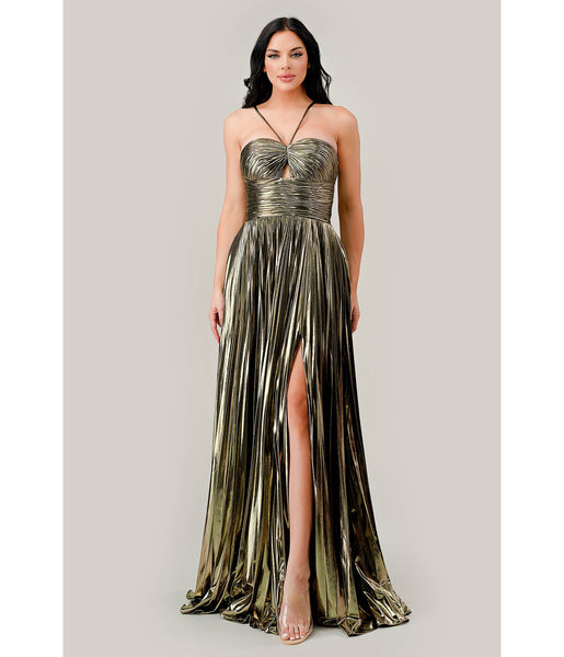 Tall Sophisticated A-line Pleated Gathered Cutout Halter Sweetheart Metallic Prom Dress