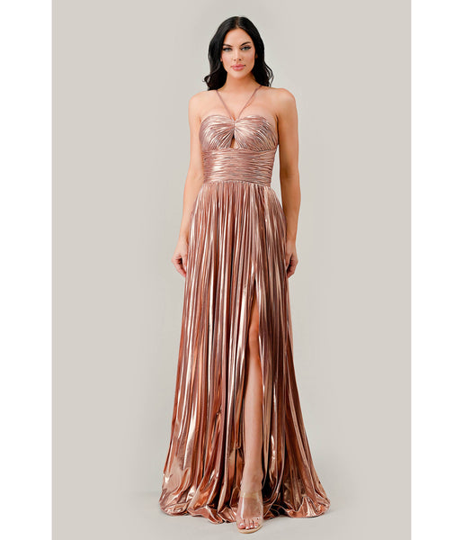 Tall Sophisticated A-line Halter Sweetheart Metallic Gathered Pleated Cutout Prom Dress