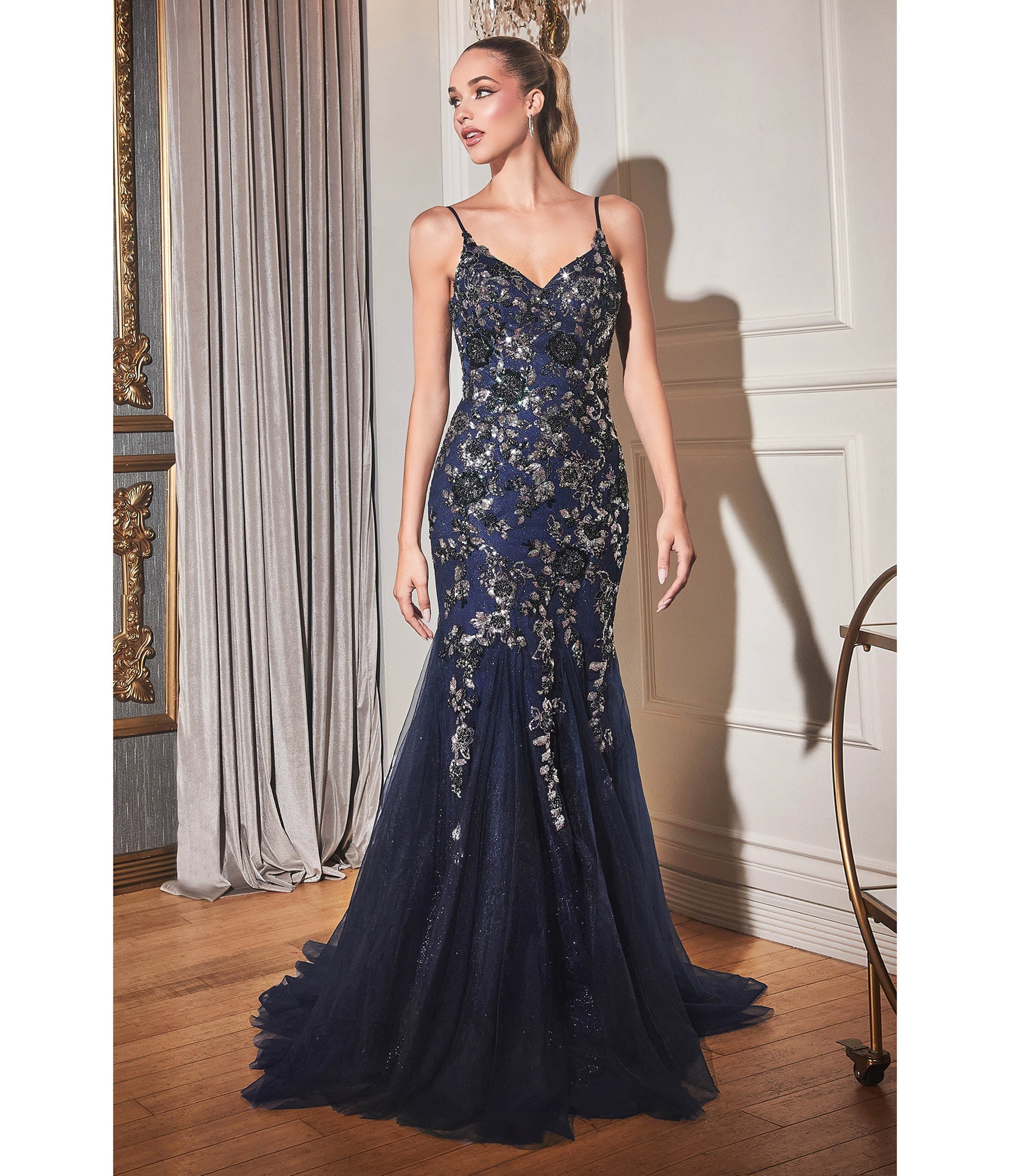 

Cinderella Divine Navy Cape Prom Dress