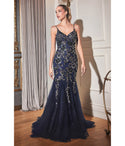 V-neck Mermaid Tulle Flared-Skirt Floral Print Crystal Evening Dress/Mother-of-the-Bride Dress/Prom Dress