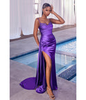 Sexy Sophisticated Fitted Lace-Up Beaded Pleated Slit Corset Waistline Satin Prom Dress With a Sash