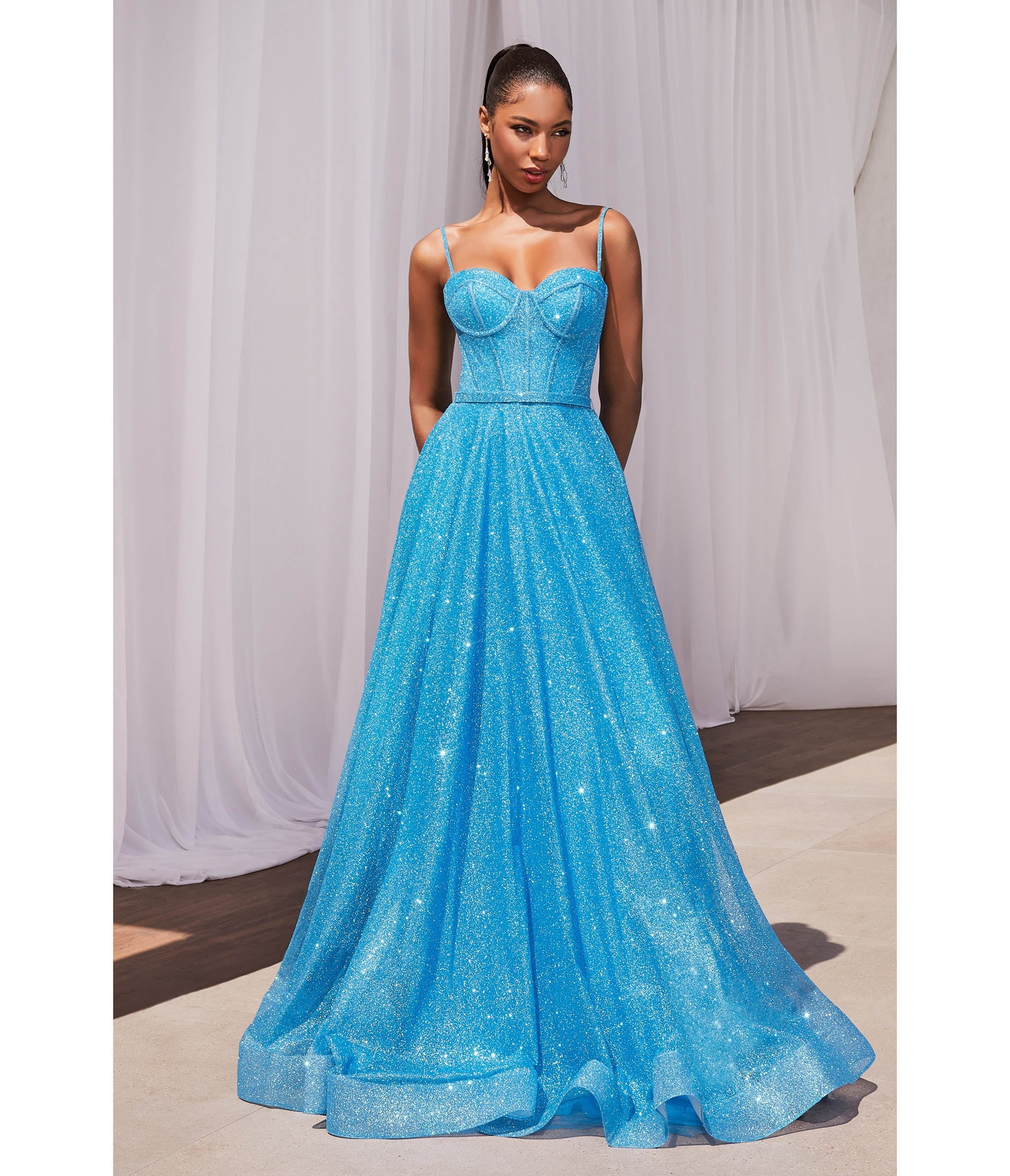 

Cinderella Divine Ocean Blue Glitter Strapless Prom Gown