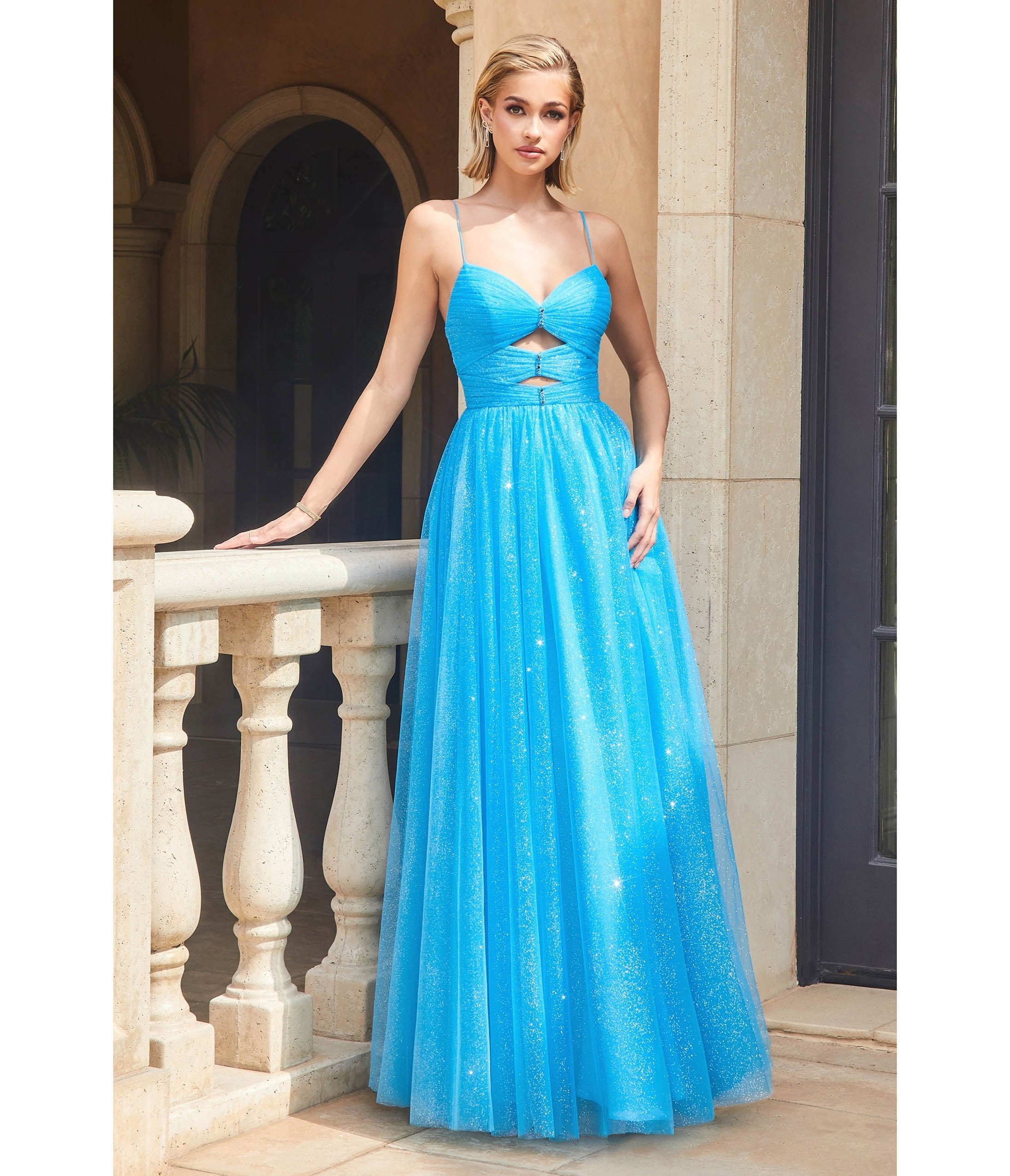 

Cinderella Divine Ocean Blue Keyhole Sparkle Prom Gown