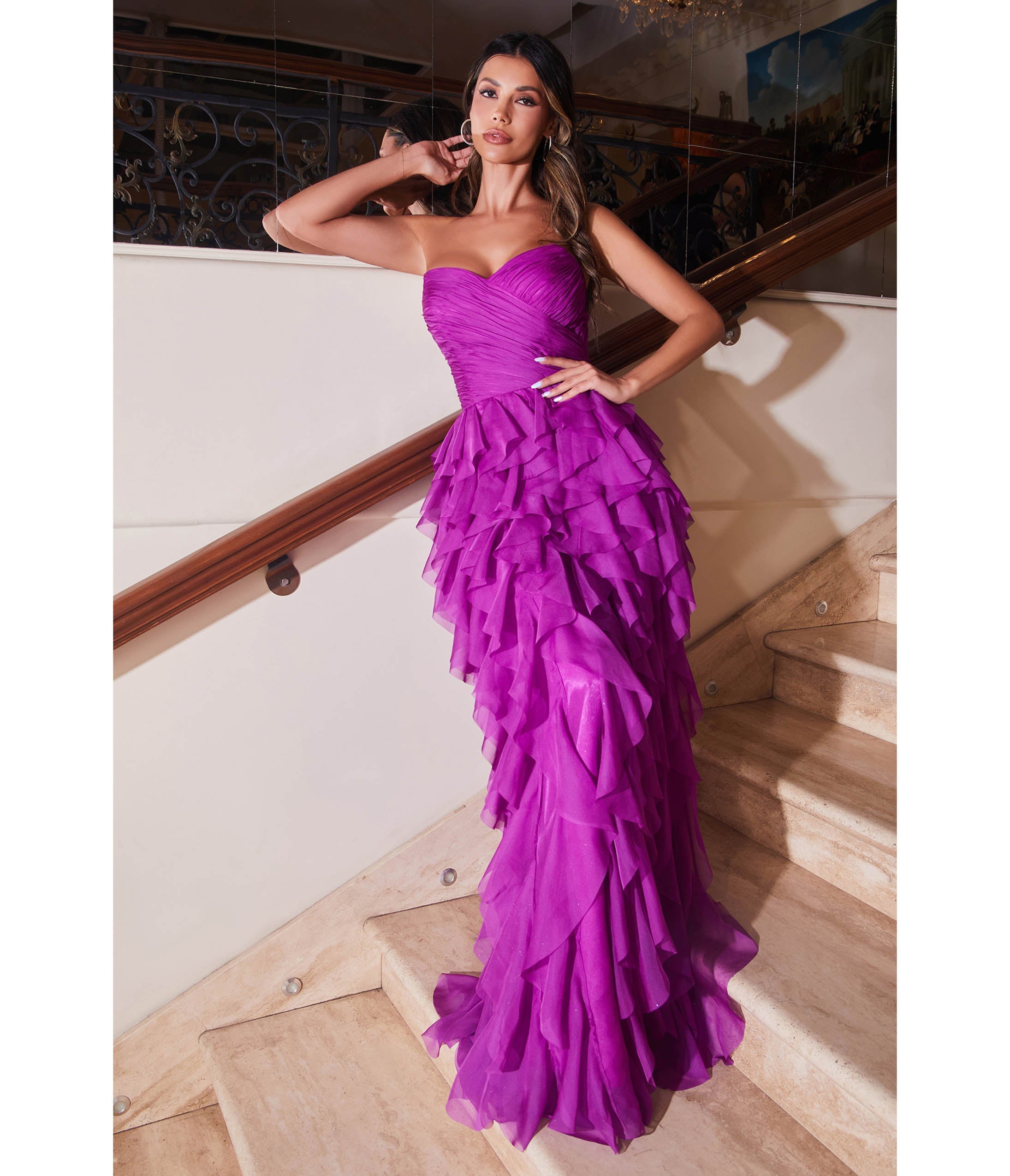 

Cinderella Divine Orchid Feather Floor Length Prom Gown