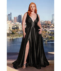 Plus Size Sophisticated A-line V-neck Slit Glittering Thick Straps Satin Prom Dress