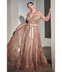 Plus Size Modest A-line V-neck Lace Tiered Glittering Long Sleeves Floral Print Prom Dress