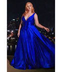 Plus Size Sophisticated A-line V-neck Glittering Slit Thick Straps Satin Prom Dress