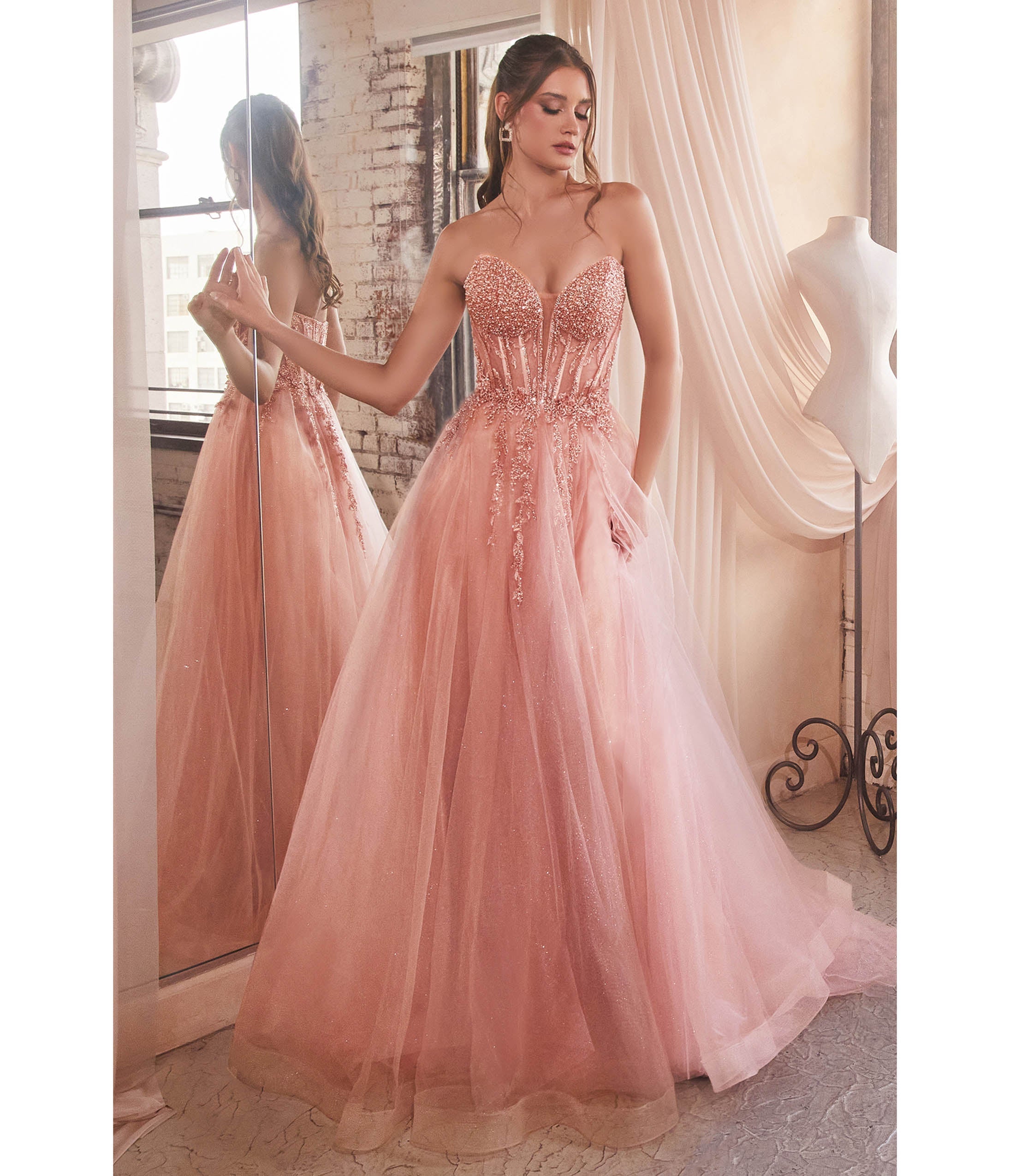

Cinderella Divine Rose Gold Sparkle Corset Top Prom Gown