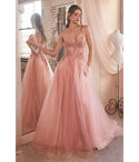 A-line Strapless Tulle Corset Waistline Plunging Neck Slit Glittering Beaded Sheer Ball Gown Prom Dress