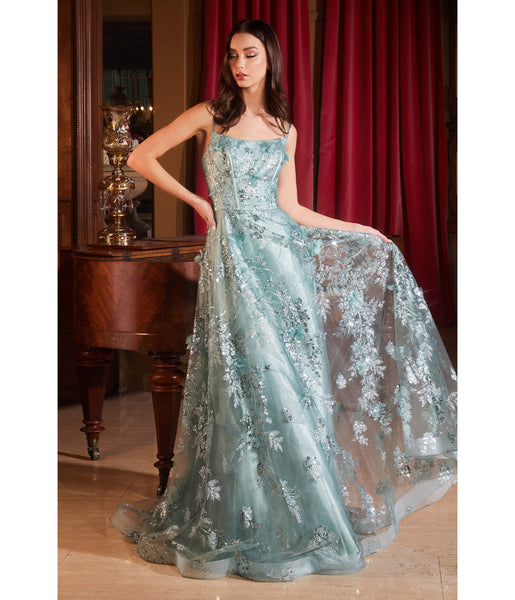 A-line Tulle Floral Print Sequined Scoop Neck Prom Dress