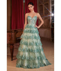 Sophisticated A-line V-neck Lace Sheer Applique Tiered Sequined Ball Gown Prom Dress With Ruffles