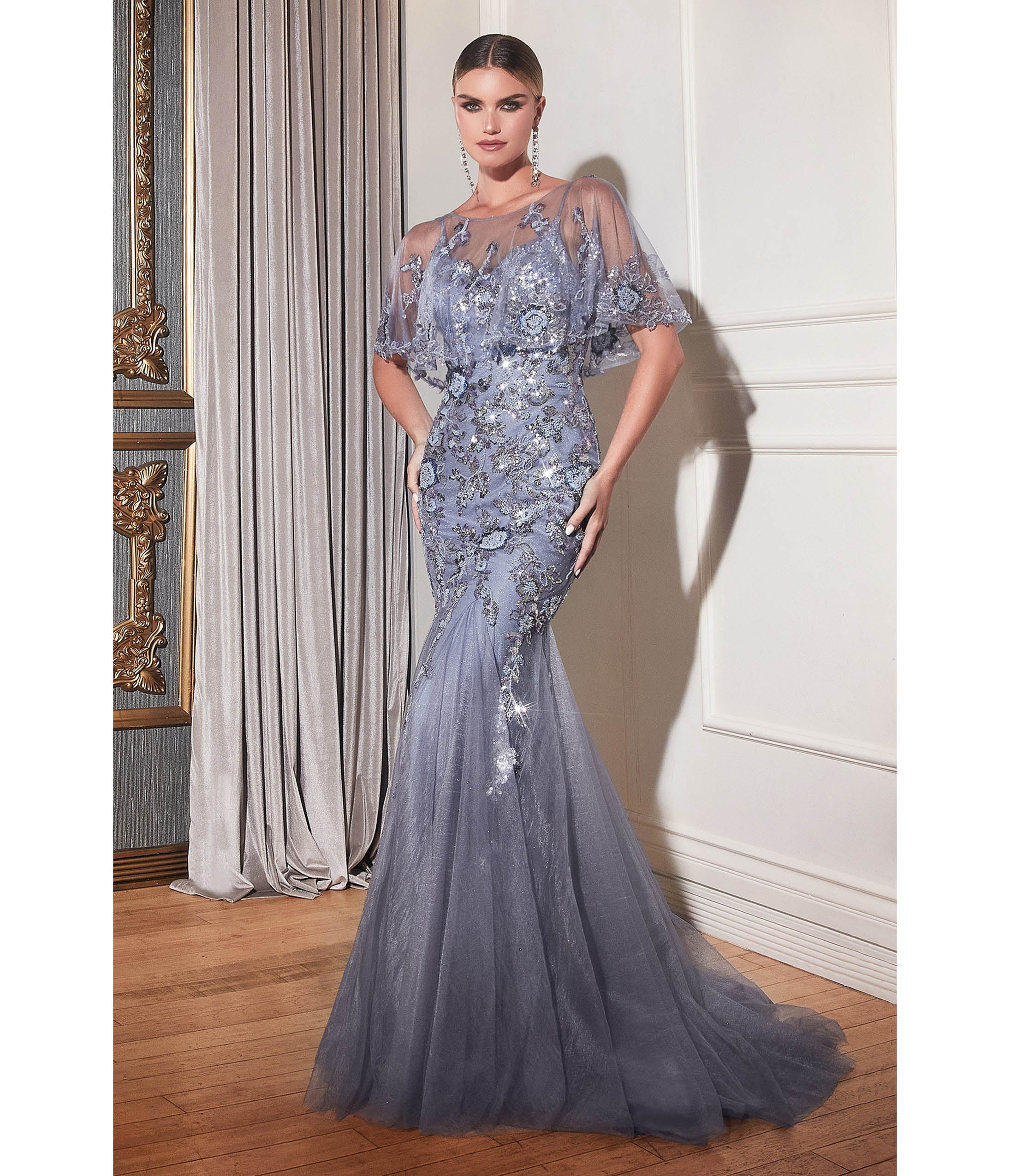 

Cinderella Divine Smoky Blue Cape Prom Dress