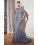 V-neck Crystal Floral Print Flared-Skirt Mermaid Tulle Evening Dress/Mother-of-the-Bride Dress/Prom Dress