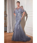 V-neck Floral Print Tulle Flared-Skirt Crystal Mermaid Evening Dress/Mother-of-the-Bride Dress/Prom Dress