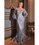 Sheer Glittering Mermaid Long Sleeves Off the Shoulder Fall Sweetheart Floral Print Prom Dress