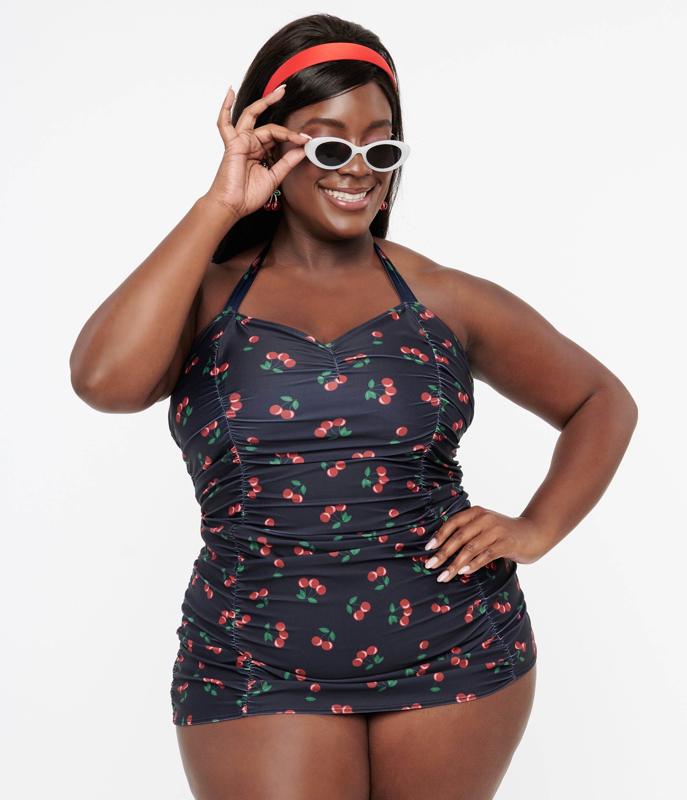 

Collectif Plus Size 1950S Black & Red Cherry Print Skirted Swimsuit