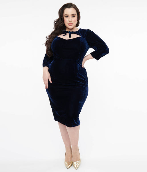 Plus Size Pencil-Skirt Velvet Round Neck Back Zipper Cutout Dress With a Bow(s)